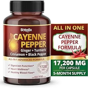 SOTALIX Supplement Cayenne Pepper 17,200mg with Ginger, Turmeric, Cinnamon, Black Pepper - Digestion Support - USA Made & Tested (150-day supply)