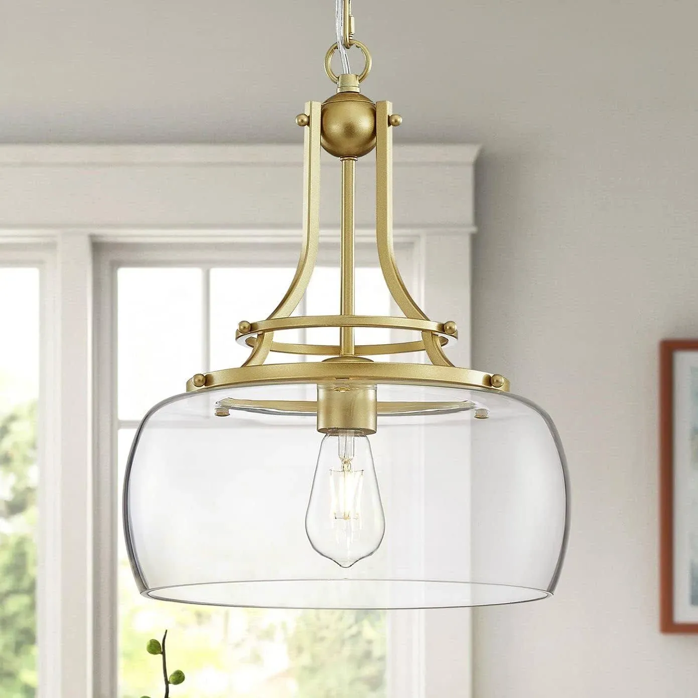 WUZUPS Chandelier Rustic Farmhouse Industrial Round Ceiling Pendant LED Light Fixture with Clear Glass Shades for Dining Room Kitchen Island Foyer Entryway, H 17" x W 13.4", E26 Base, Gold