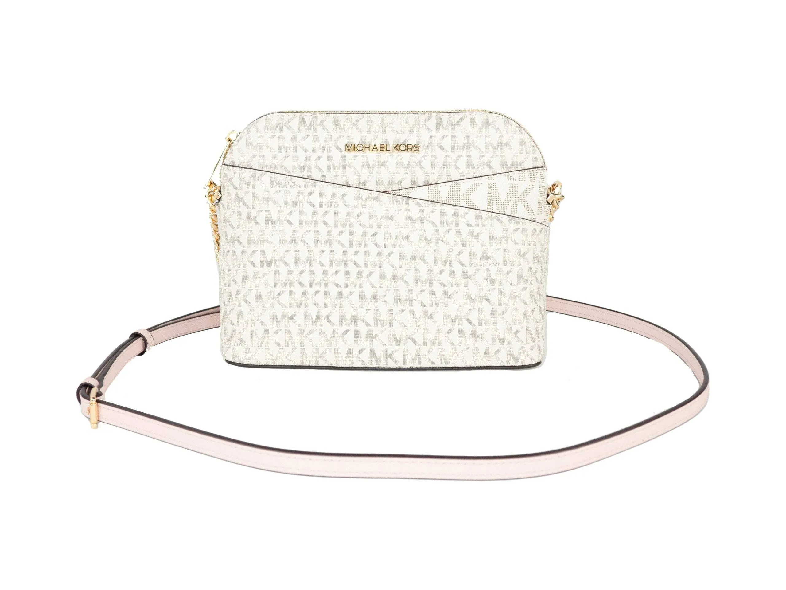 Michael Kors - Jet Set Travel Medium Leather x Cross Dome Crossbody Handbag (vanilla Signature/Powder Blush)