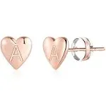 Turandoss Heart Initial Stud Earrings for Girls, S925 Sterling Silver Post Rose Gold Plated Dainty Girls Earrings Hypoallergenic Letter A Initial