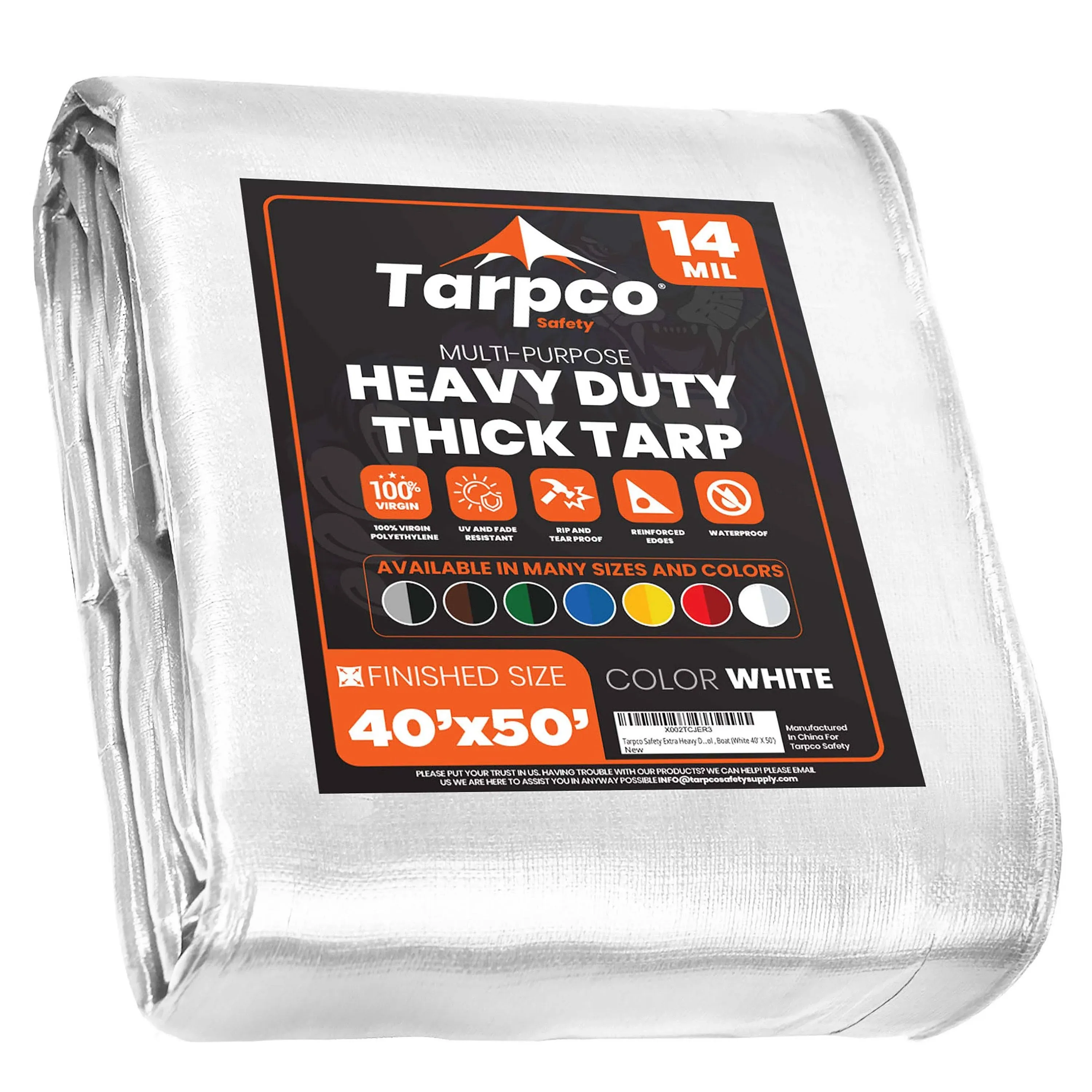 Tarpco Safety Extra Heavy Duty 14 Mil Tarp Cover, Waterproof, UV Resistant, Rip and Tear Proof, Poly Tarpaulin with Reinforced Edges for Roof, Camping, Patio, Pool, Boat (White 40′ X 50′)