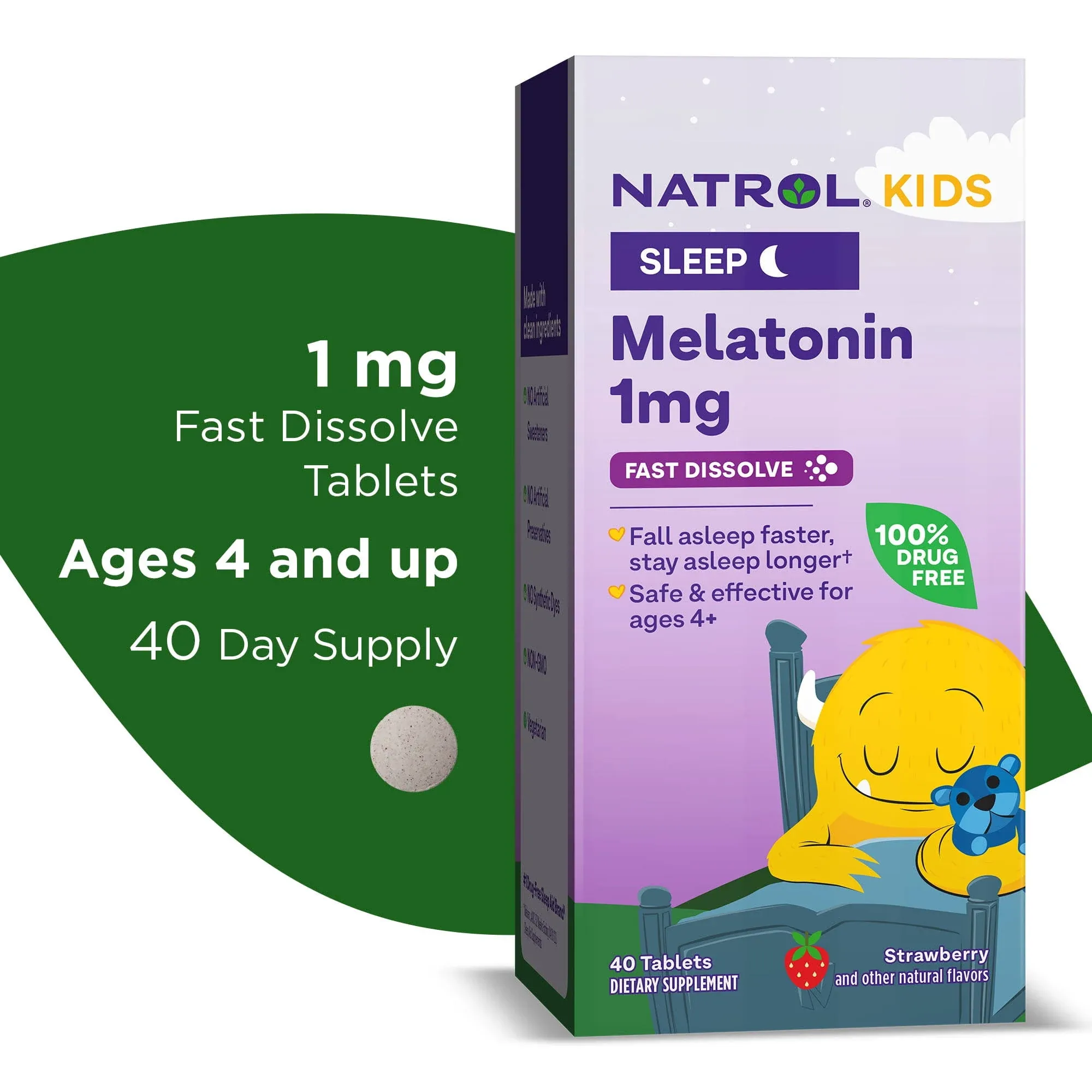 Natrol Kids Fast Dissolve Melatonin 1 mg, Dietary Supplement for Restful Sleep, Sleep Tablets for Kids, 40 Strawberry-Flavored Melatonin Tablets, 40 Day Supply