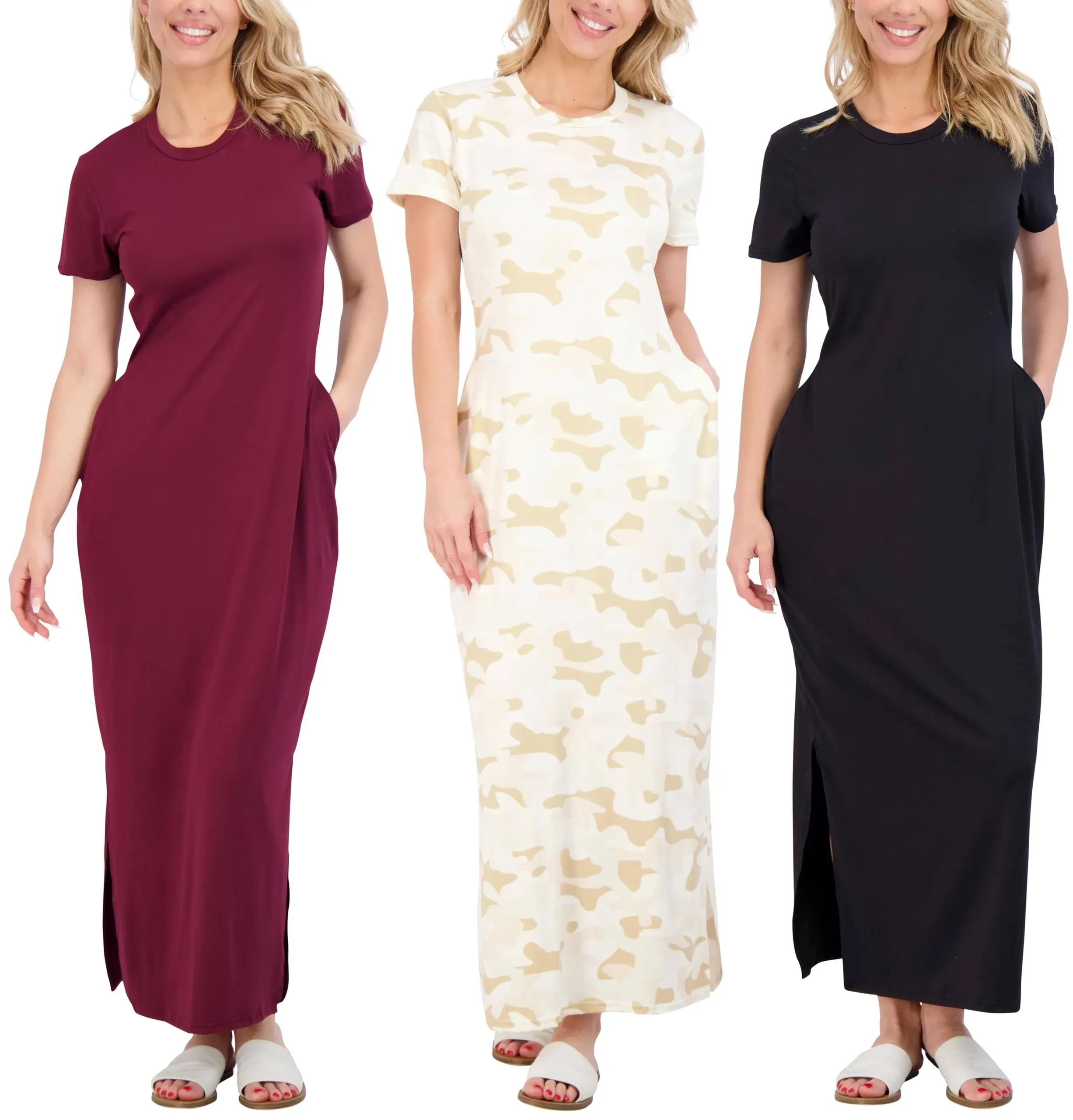 Real Essentials 3-Pack: Women’s Casual Short Sleeve Maxi T-Shirt Dress – Summer ...