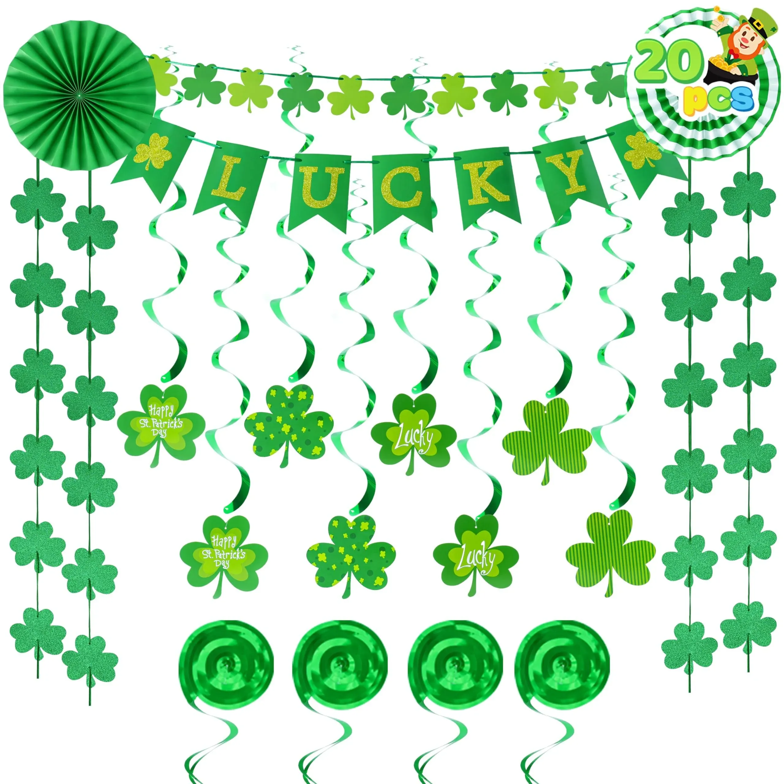 JOYIN 20 Pcs St. Patrick's Day Decorations with Irish Saint Patricks Green Shamrock Hanging Swirls, LUCKY Banner & Shamrock Banner, Shamrock Decorations Party Favor