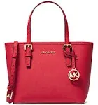 Michael Kors Jet Set Bright Red Leather XS Carryall Top Zip Tote Bag Purse