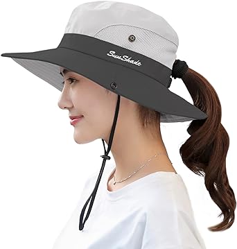 Muryobao Women's Ponytail Sun Hat UV Protection Foldable Mesh Wide Brim Beach Fishing Hat