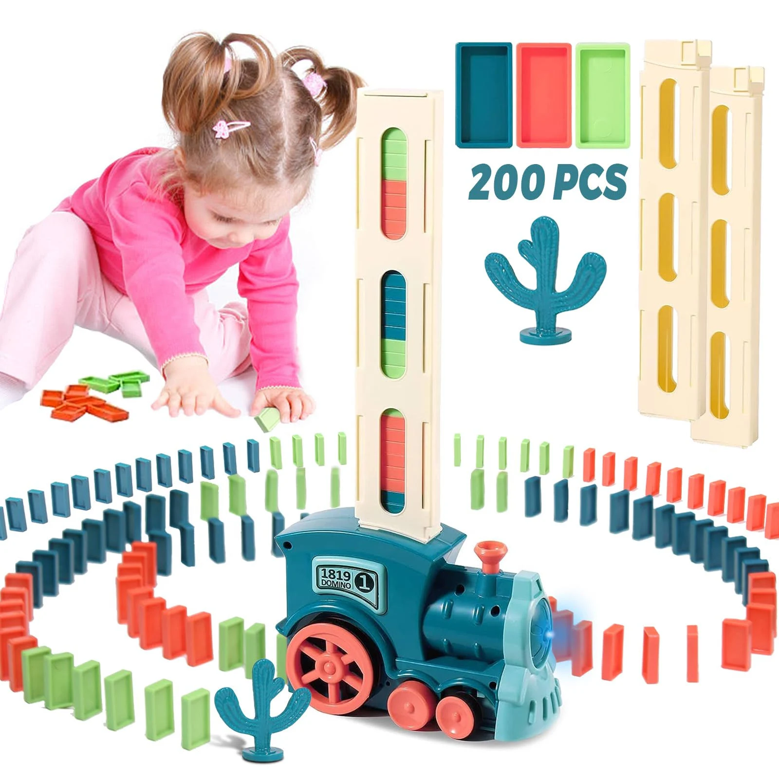 Domino Train - 200 PCS Automatic Domino Train Toy Set, Fun Domino Games for Kids, Automatic Blocks Laying Toy Train Set, Blocks Domino Set Building and Stacking Toy Gift for Boys and Girls