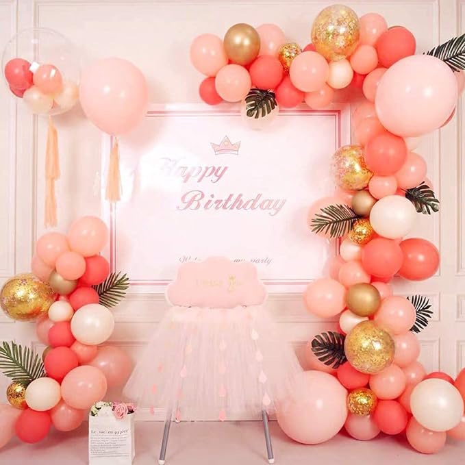 Coral Red Peach Pink Gold Balloon Garland Arch Kit Paste Coral Red Balloons Latex Gold Metallic Balloons With Strip Balloon dots Balloon Ribbon For Birthdays Baby Showers Wedding Anniversary Party