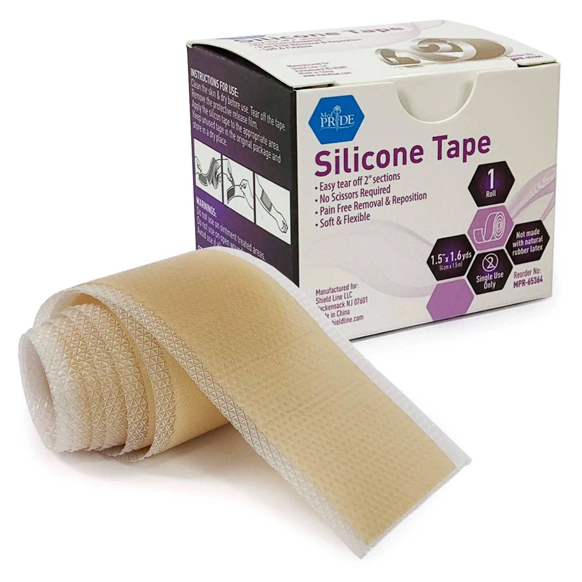 MEDPRIDE Easy-Tear Silicone Gel Tape Roll-1.5 Inch x 1.6 Yards- Medical Grade Wound Dressing, Sticky Bandage, Water + Shower-proof- Latex-Free, Adhesive, Soft + Flexible, Pain-Free Removal + Switching