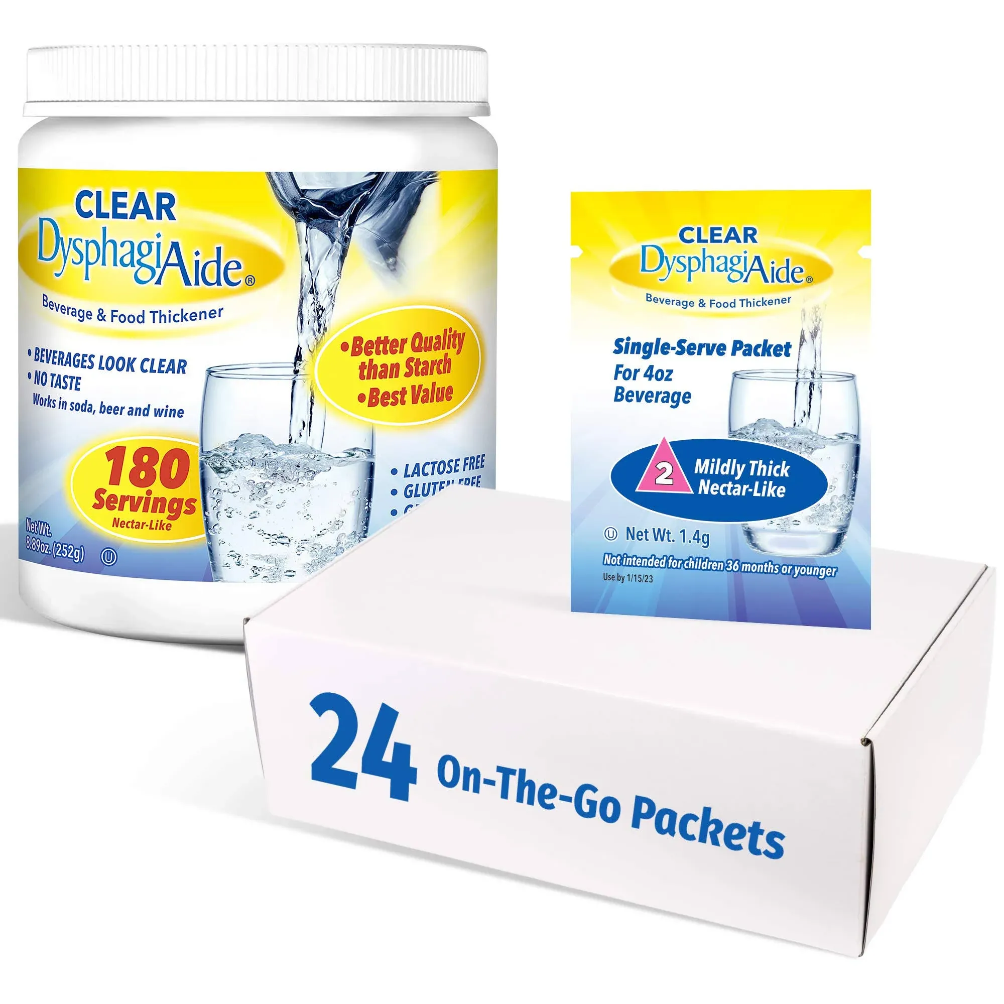 Clear DysphagiAide Level 2 Combo Pack – an 8.89 Ounce Jar and 24 Nectar Thick Convenience Packets – Liquid and Food Thickener