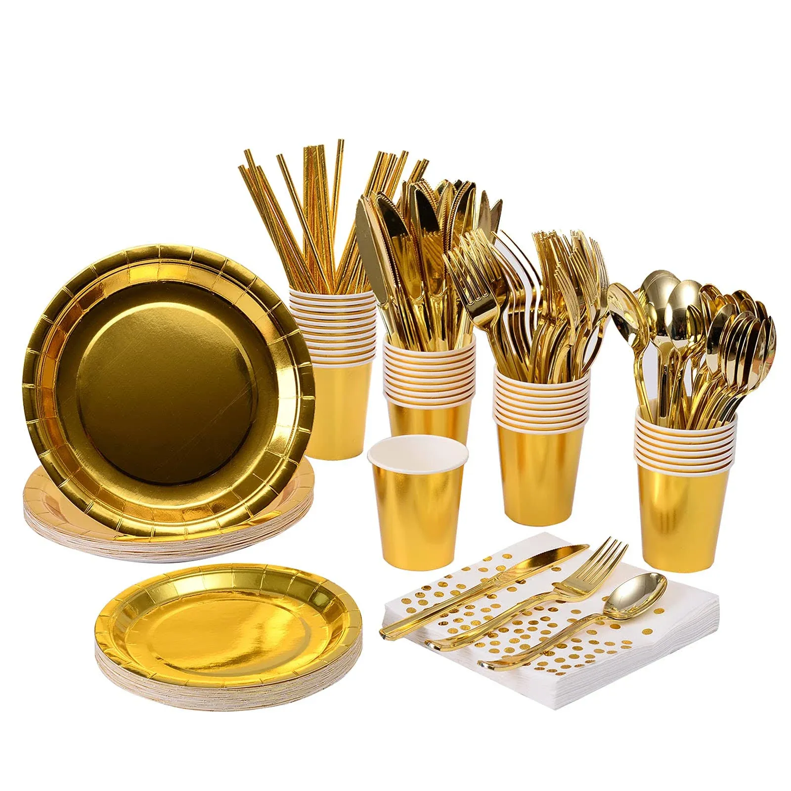 200pcs Solid Gold Party Supplies Paper Plates Napkins Cups Silverware Serves 25 Sets