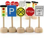 Attatoy Kids Wooden Street Signs Playset (14-Piece Set), Wood Traffic Signs Perfect for Car & Train Set