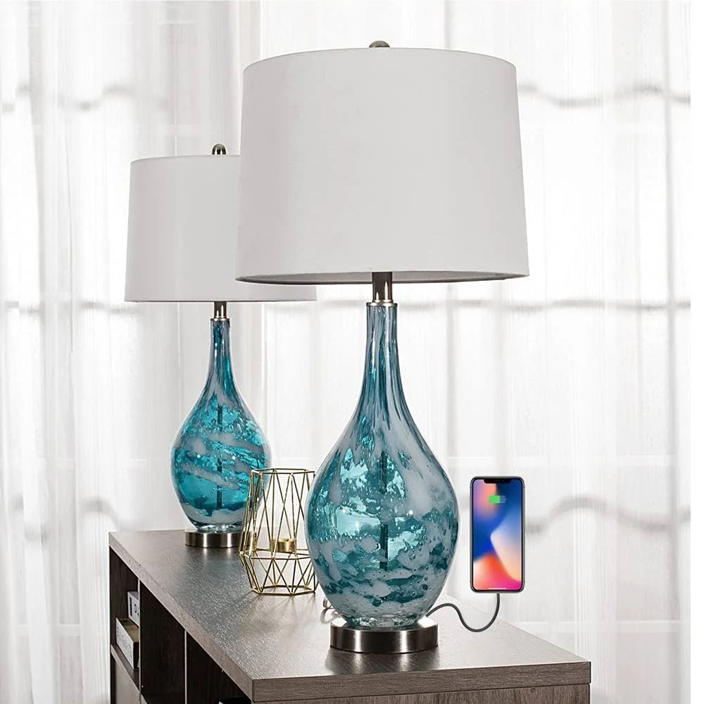 Maxax Coastal Glass Table Lamps Set of 2 Blue Bedside Lamp with USB Charging, Modern Bedside Desk Lamp with White Shade for Living Room Bedroom Coffee Nightstand (ETL Certified)