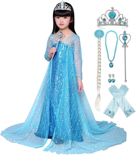 KAWELL Girls Princess Elsa Anna Costume Birthday Party Christmas Halloween Fancy Dress up