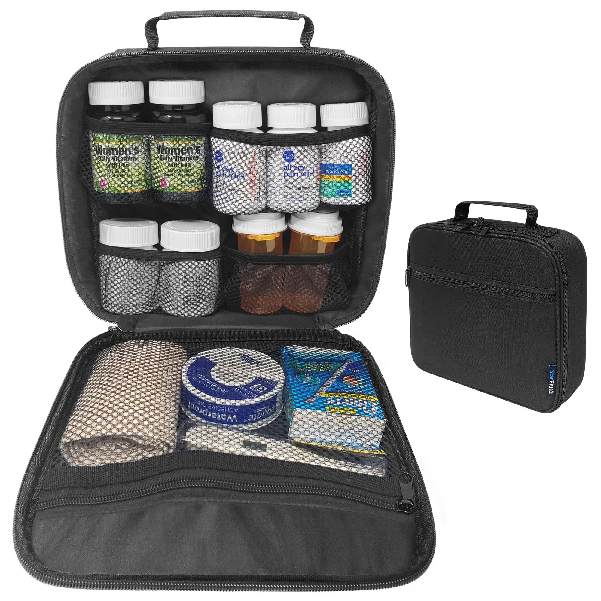 StarPlus2 Medium Padded Pill Bottle Organizer, Slim Medicine Bag - Black