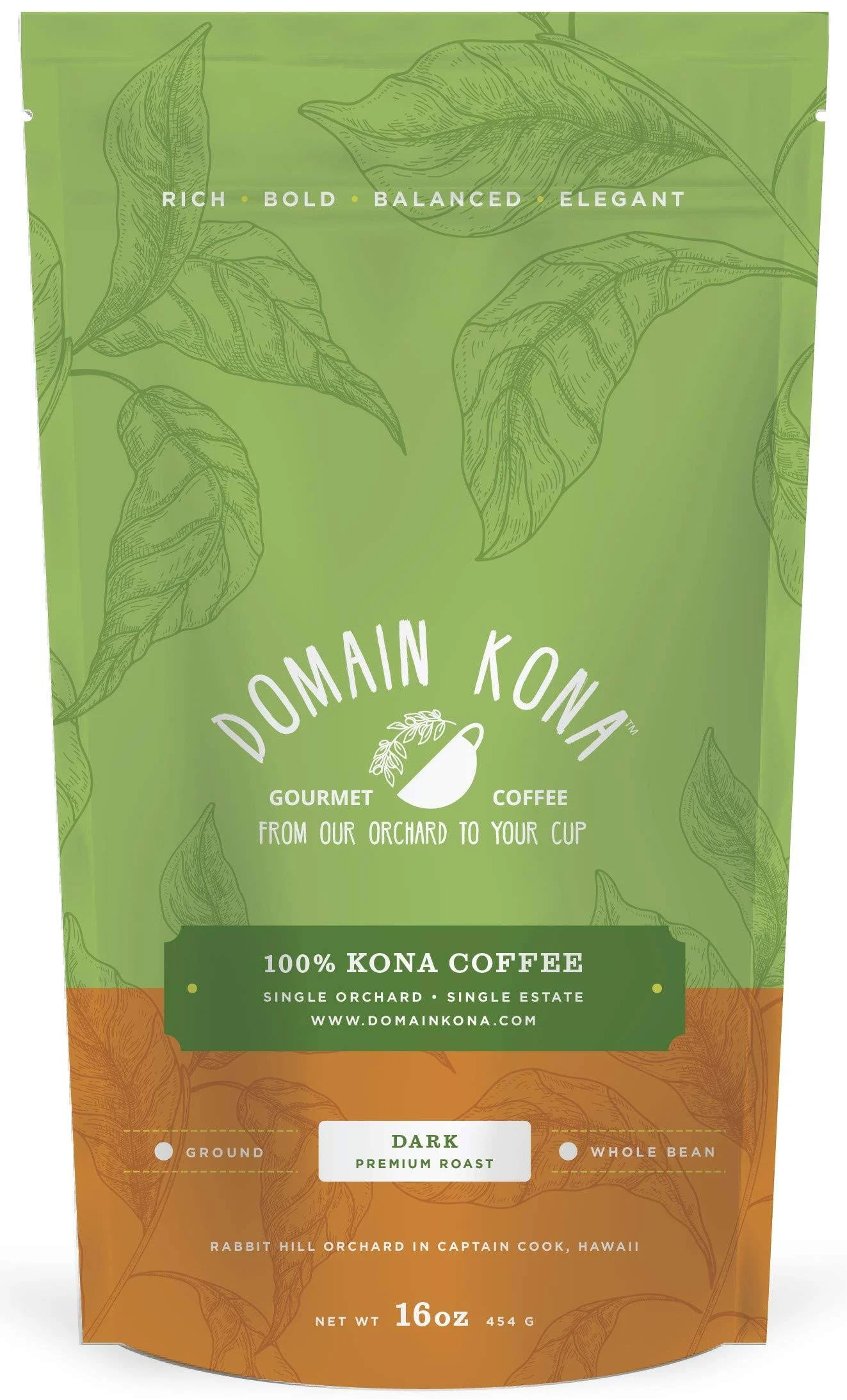 100% Kona Coffee – GROUND, Dark roast, Single estate gourmet coffee, 16 ounces, Ships direct from Domain Kona, farm fresh