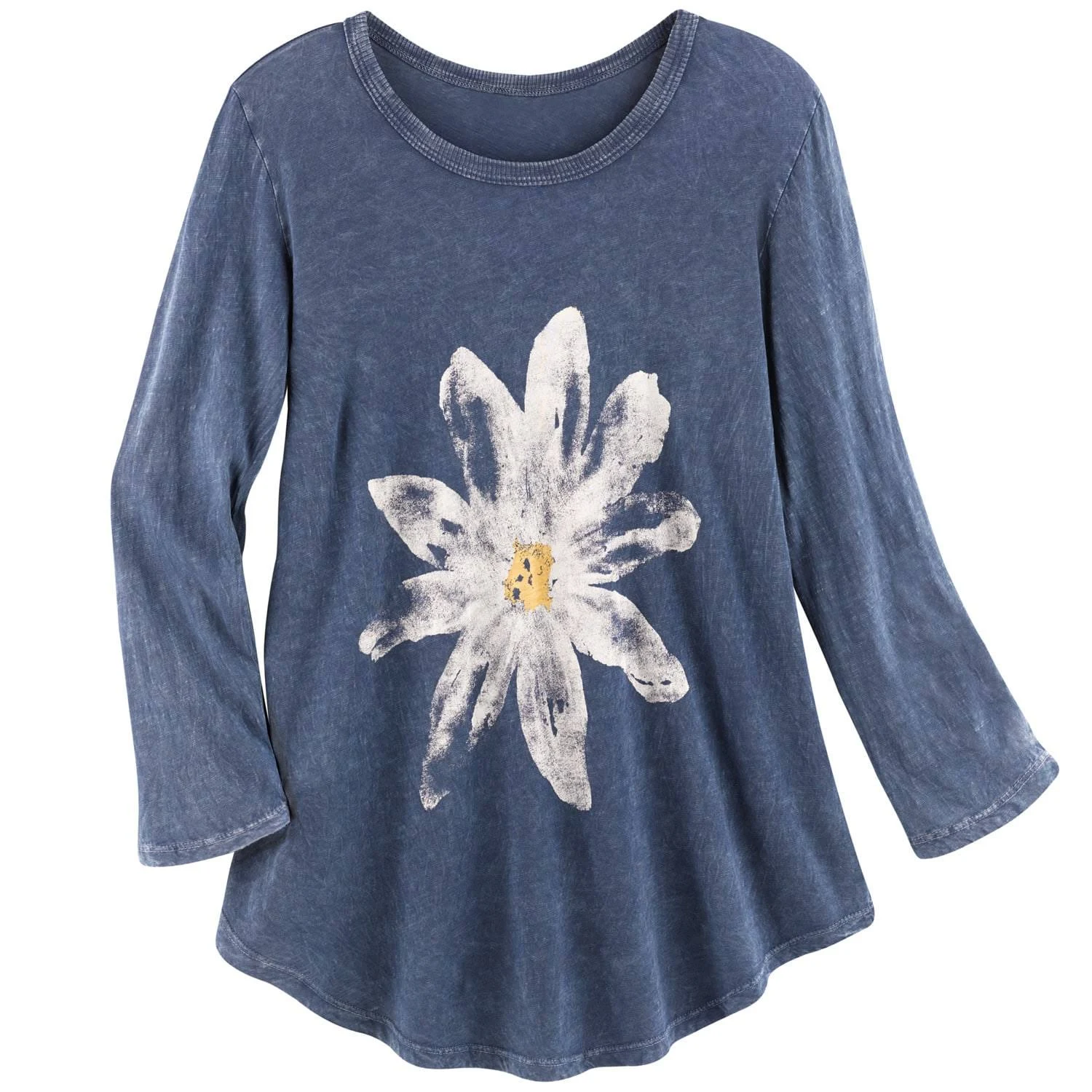 Jess Jane Women's Watercolor Daisy Print Tunic Shirt 3 / 4 Sleeves Blue, Navy Blue, Small