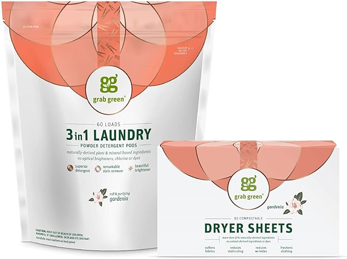 Grab Green 3-in-1 Laundry Detergent Pods and Dryer Sheet Bundle, 60 Count Pods and 80 Dryer Sheets, Gardenia Scent, Plant and Mineral Based Laundry Care Set, Packaging May Vary