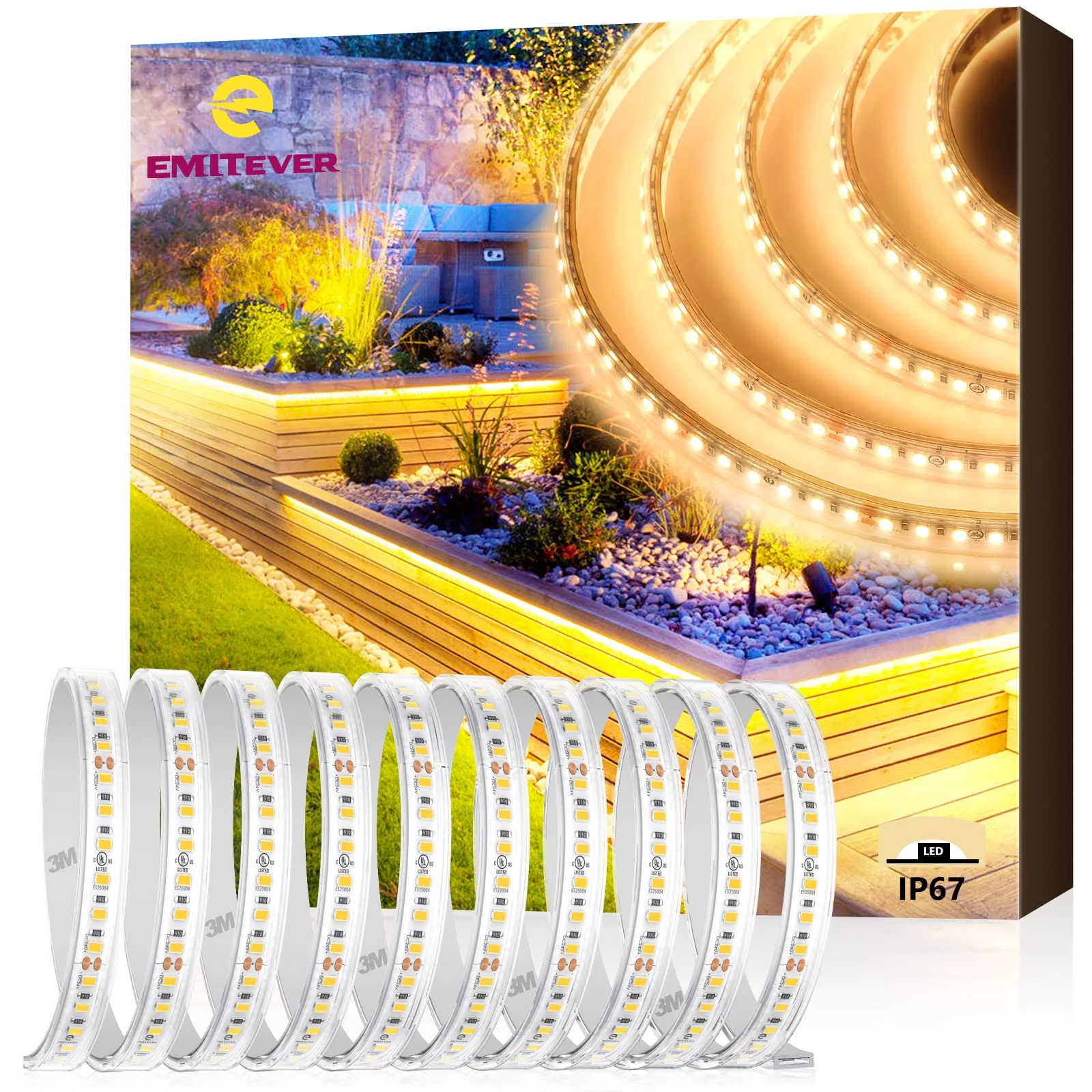 EMITEVER Outdoor LED Strip Lights Waterproof 16.4ft, 3000K Warm White 24V Dimmable Silicone LED Tape Lighting IP67 High Density, 240+LM/ft, 600LEDs,2.9W/ft, UL Listed (Power Supply Not Included)