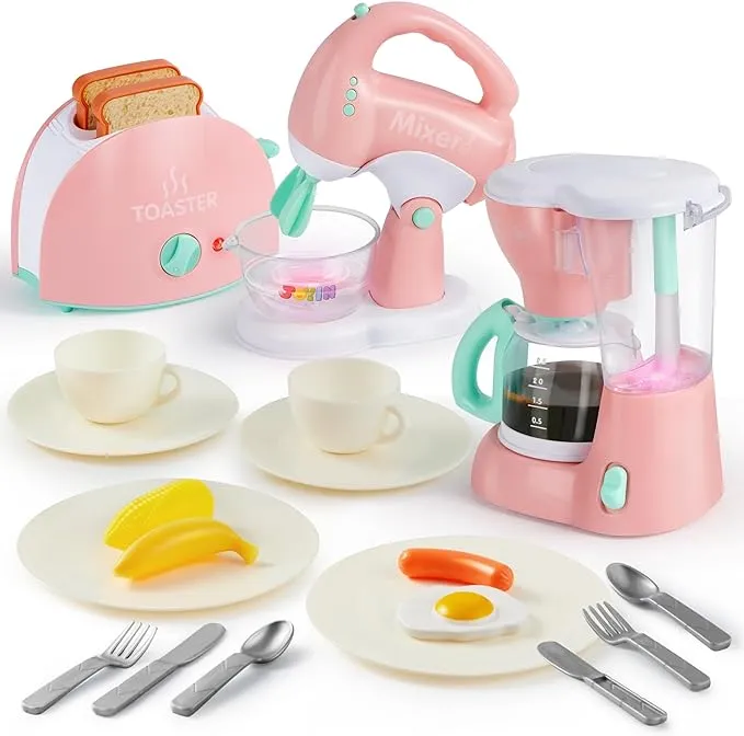 Pink Pretend Play Kitchen Appliances Toy Set with Coffee Maker, Mixer, Toaster