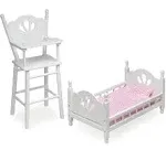 Badger Basket English Country Doll High Chair and Bed Set with Chevron Bedding - White/Pink