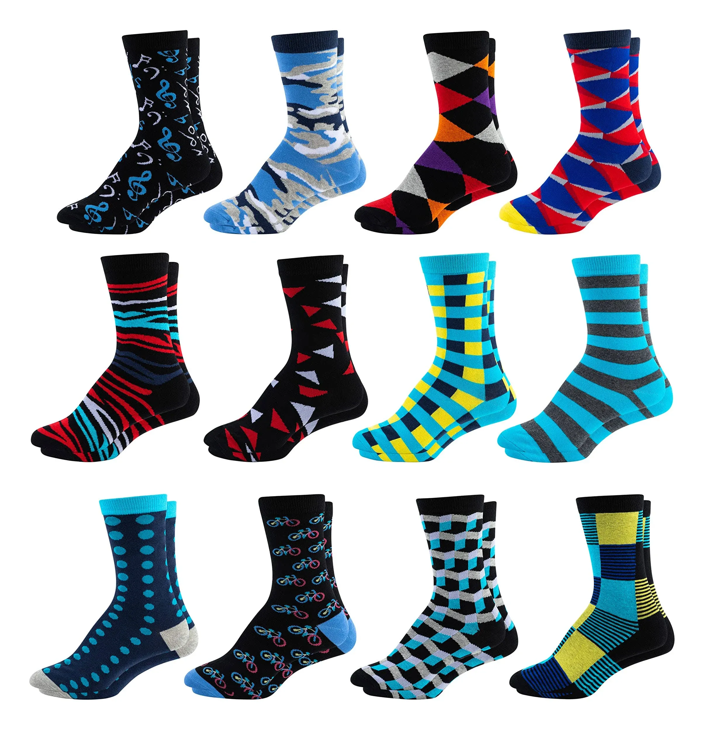 Mitch Bogen Men's Colorful Dress Socks - Fun Patterned Funky Crew Socks for Men - 12 Pack