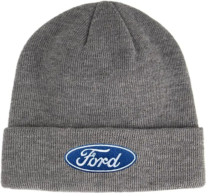 Ford unisex Script Oval Logo Gray Knit Beanie Winter Hat