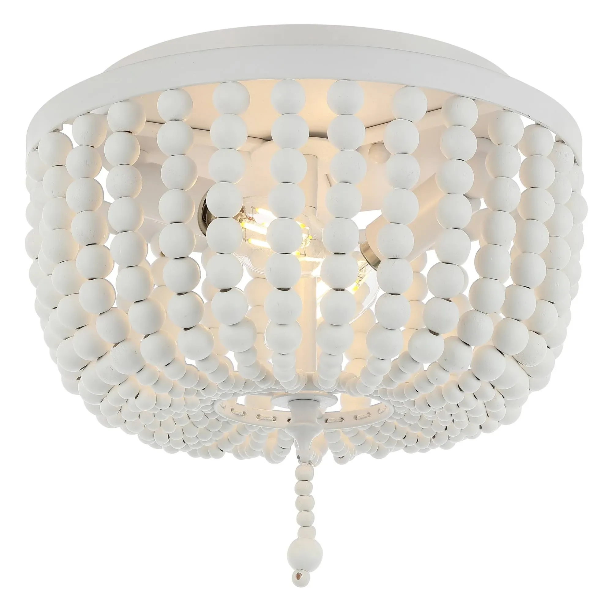 JONATHAN Y Allison 10 in. 2-Light Shabby Chic Farmhouse Wood Beaded/Metal LED Flush Mount, White JYL9074D