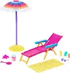 Barbie Loves The Ocean Beach Day w/Lounge Chair Umbrella &amp; Beach Accessory NIB