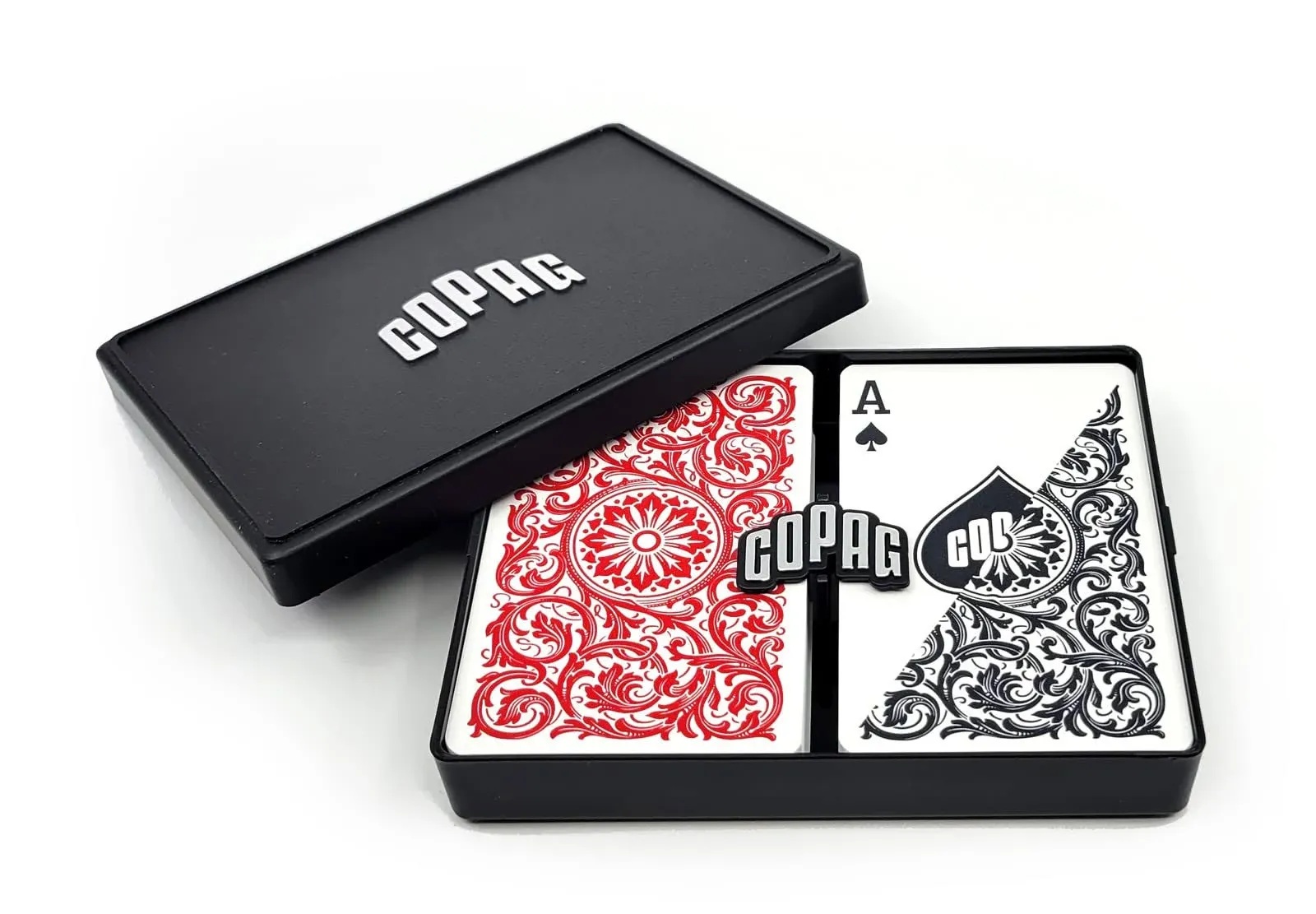 Copag 1546 Design 100% Plastic Playing Cards, Bridge Size (Narrow) Red/Black Double Deck Set (Regular Index)