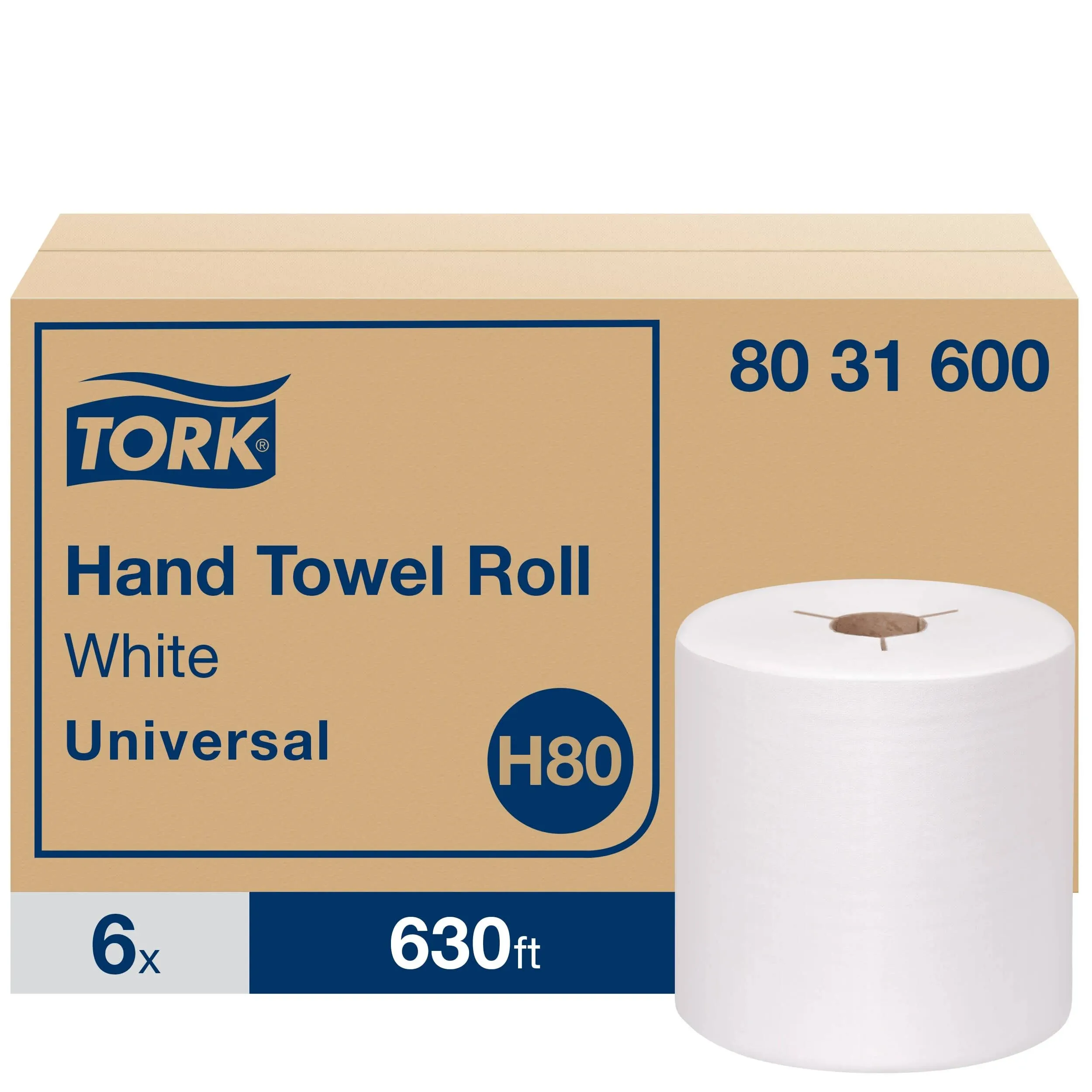 Tork Universal Hand Towel Roll, Notched, 7.5" x 630 ft, White, 6 Rolls/Carton