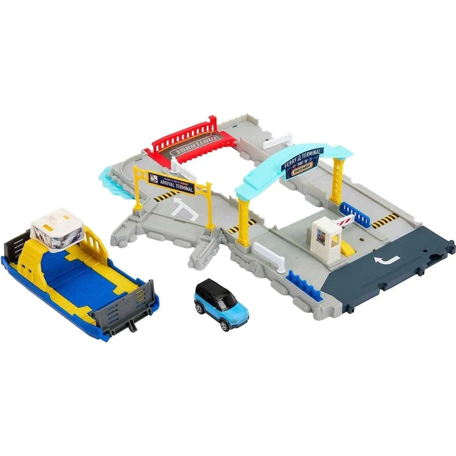 Matchbox HMH29 Ferry Port Set with Detachable Wheeled Ferry, Elements to Activate Manually or with The Help of The Land Rover Car, Children's Toy, from 3 Years Old,