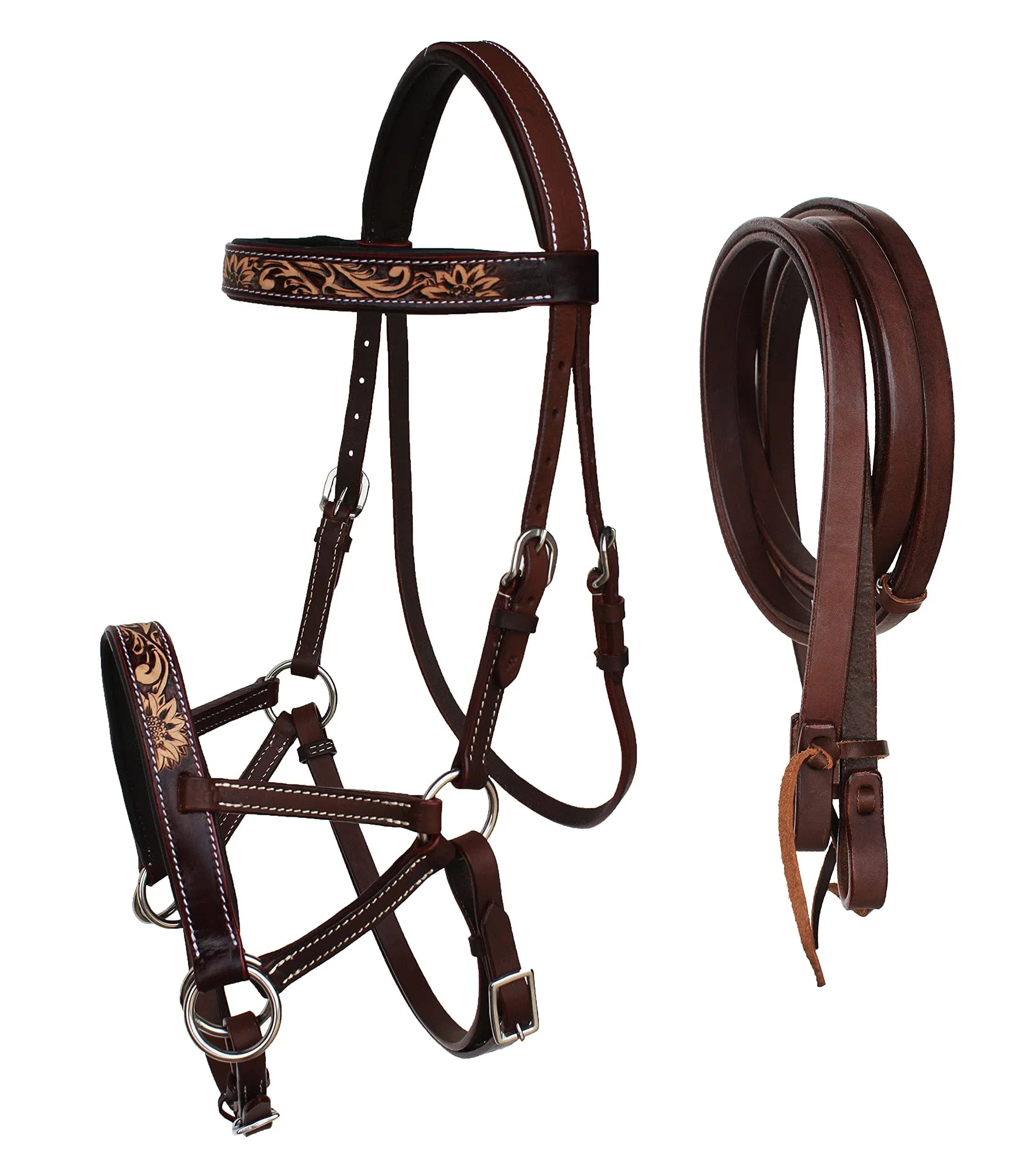 CHALLENGER Horse Western Leather Bitless Sidepull Bridle Split Reins 77RS29BR