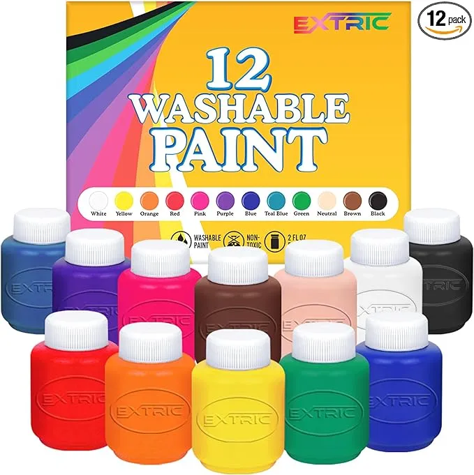 Kids Paint Set - 12 Colors Kids Paint 2 oz Each - Washable Paint for Kids, Non Toxic Washable Tempera Paint, Paint Set for Kids Art, Craft, School and Home Finger Painting Projects