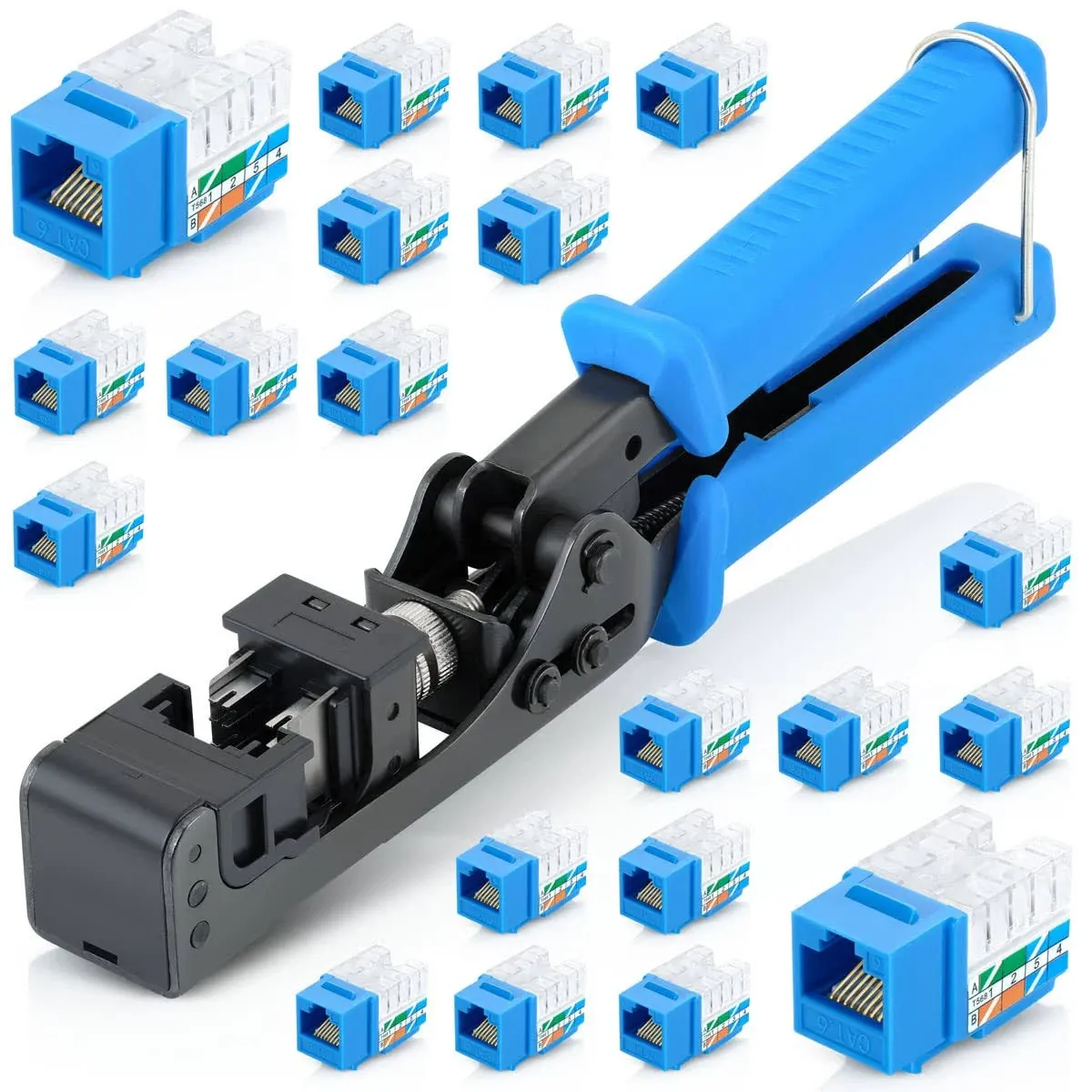 Everest easyJACK - 90° Angled Speed Termination Keystone Tool - with 20-Pack of RJ45 Cat6 Keystone Jacks in Blue - RJ45 Punch Down Tool Cat6, Network Punch Down Tool, Punchdown Tool Cat6