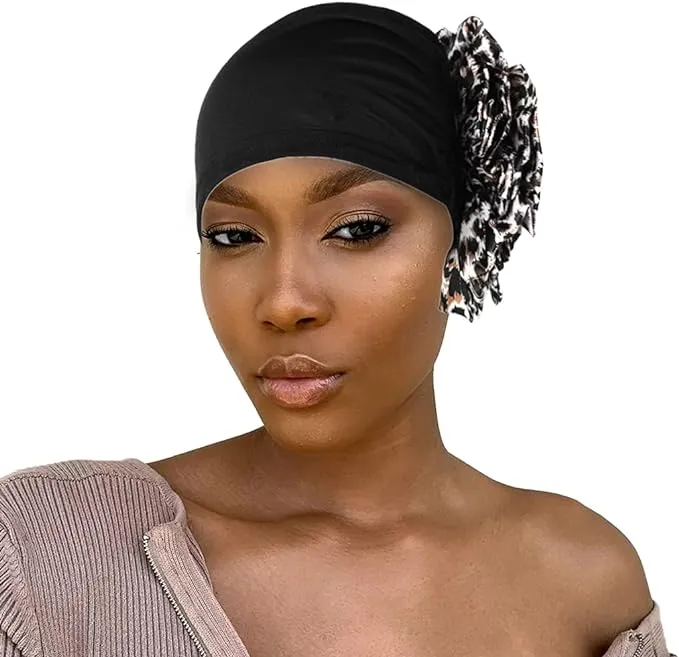 Bohend Women Big Flower Elastic Turban Beanie Head Scarf Wrap Large, Black 