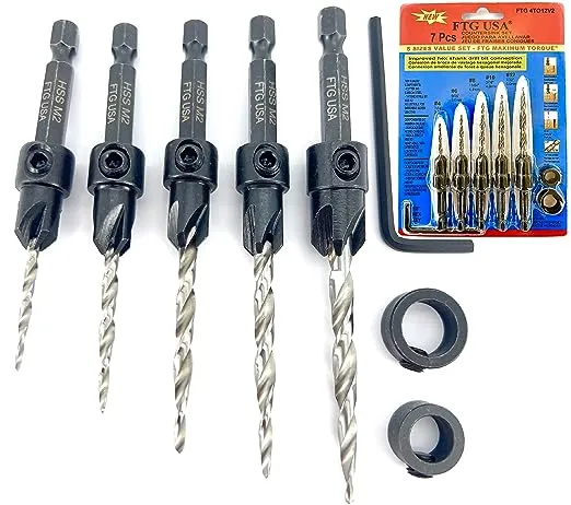 FTG USA Adjustable Wood Countersink Drill Bit Set5 PC Countersink Drill Bit #4#6#8#10#12 Tapered Drill Bits for Woodworking