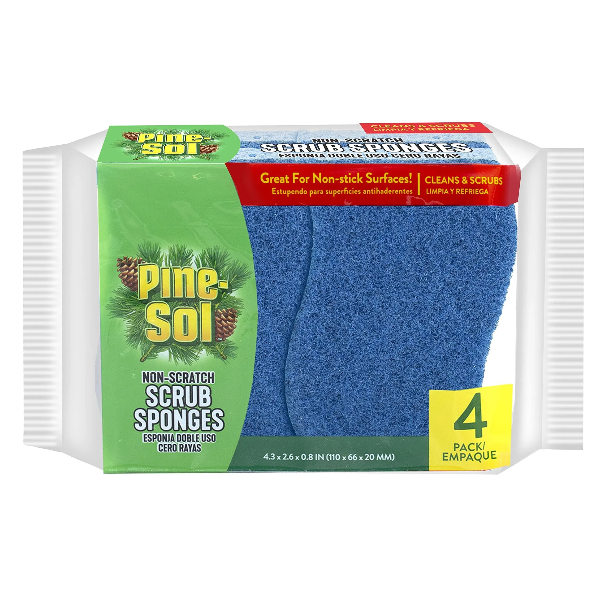 Pine-Sol Non Scratch Scrub Sponges - Double Sided Dish Scrubber Safe for Nonstick Cookware - Kitchen Essentials for Dishwashing and Cleaning, 4 Pack, Blue