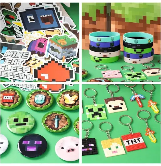 Pixel Style Birthday Party Supplies,40pcs Miner Theme Party Decorations Set,Include 10 Button Pins,10 Key Chains,10 Gift Boxes for Kids,Best for Fill Up the Goodie Bags for Miner Themed Party Favors