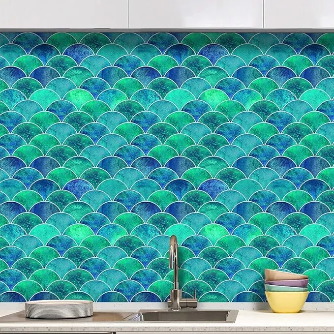 6pcs 3D Tile Wall Decals Lake Blue Hyun-chae Fish Scale Stickers 12 x Backsplash ...