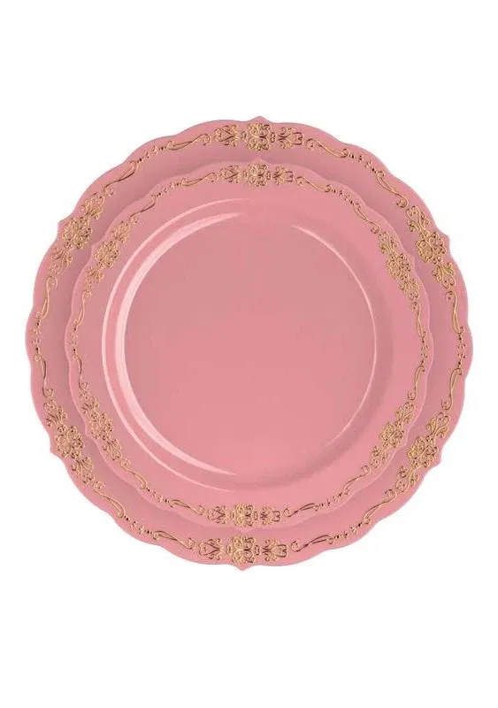 Exquisite 60 Pcs Disposable Plastic Plates | Victorian Design Premium Disposable Plates | 9 inch. Pink & Gold China Like Plastic Plates For Parties & Weddings