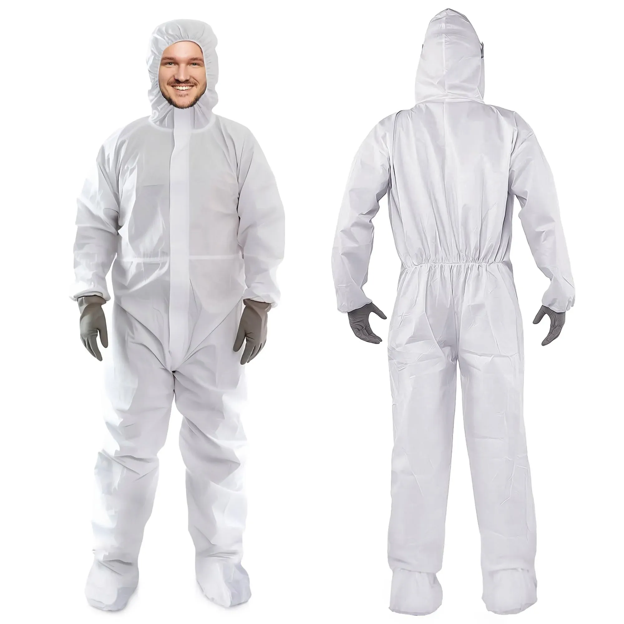 AMZ White Hazmat Suits, X-Large. Pack of 5 Lightweight Microporous Disposable Coveralls with Hood, Boots, Elastic Wrist, Lower Back, Zipper. Breathable Durable 60 GSM Painters Suit Disposable