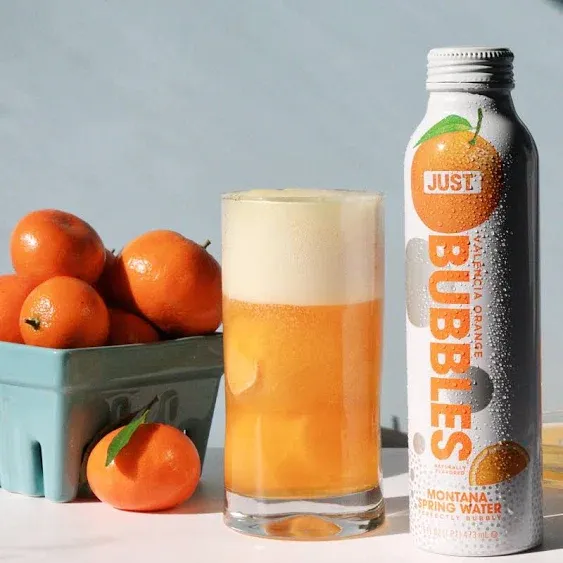 JUST Bubbles Valencia Orange- Pure Premium Sparkling Spring Water in a Fully Recyclable Reusable Eco-Friendly Bottle - 100% Mountain-Sourced Carbonated Water with Naturally Occurring Minerals, 16 Fl