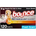 Bounce Pet Hair & Lint Guard Dryer Sheets, Fresh Scent, Mega Sheet - 120 sheets