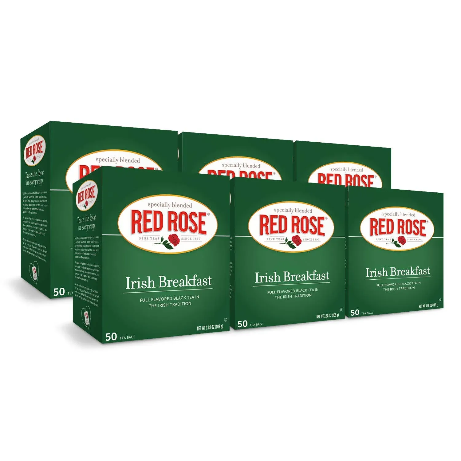 Red Rose Irish Breakfast Tea Specially Blended Strong Robust Black Tea with 50 Individually Wrapped Tea Bags Per Box (Pack of 6) Contains Caffeine Brew Hot/Cold Full Flavored Black Breakfast Tea