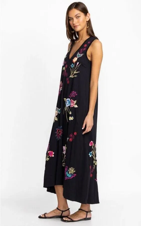 Johnny Was Jessi Knit V Neck Maxi Dress Floral Embroidered Long Black Large New