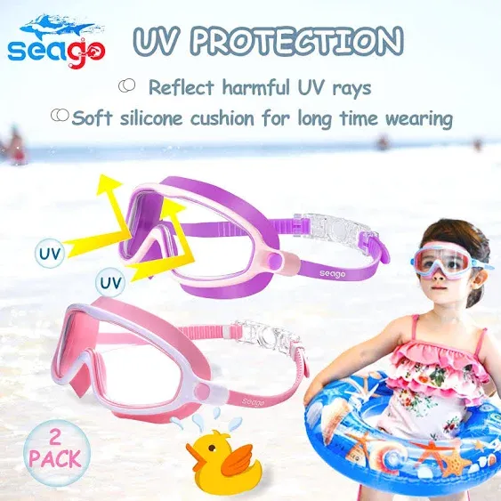 Seago Swim Goggles 2 Pack Anti-Fog Anti-UV Wide View Swimming Goggles for Kids 3-15