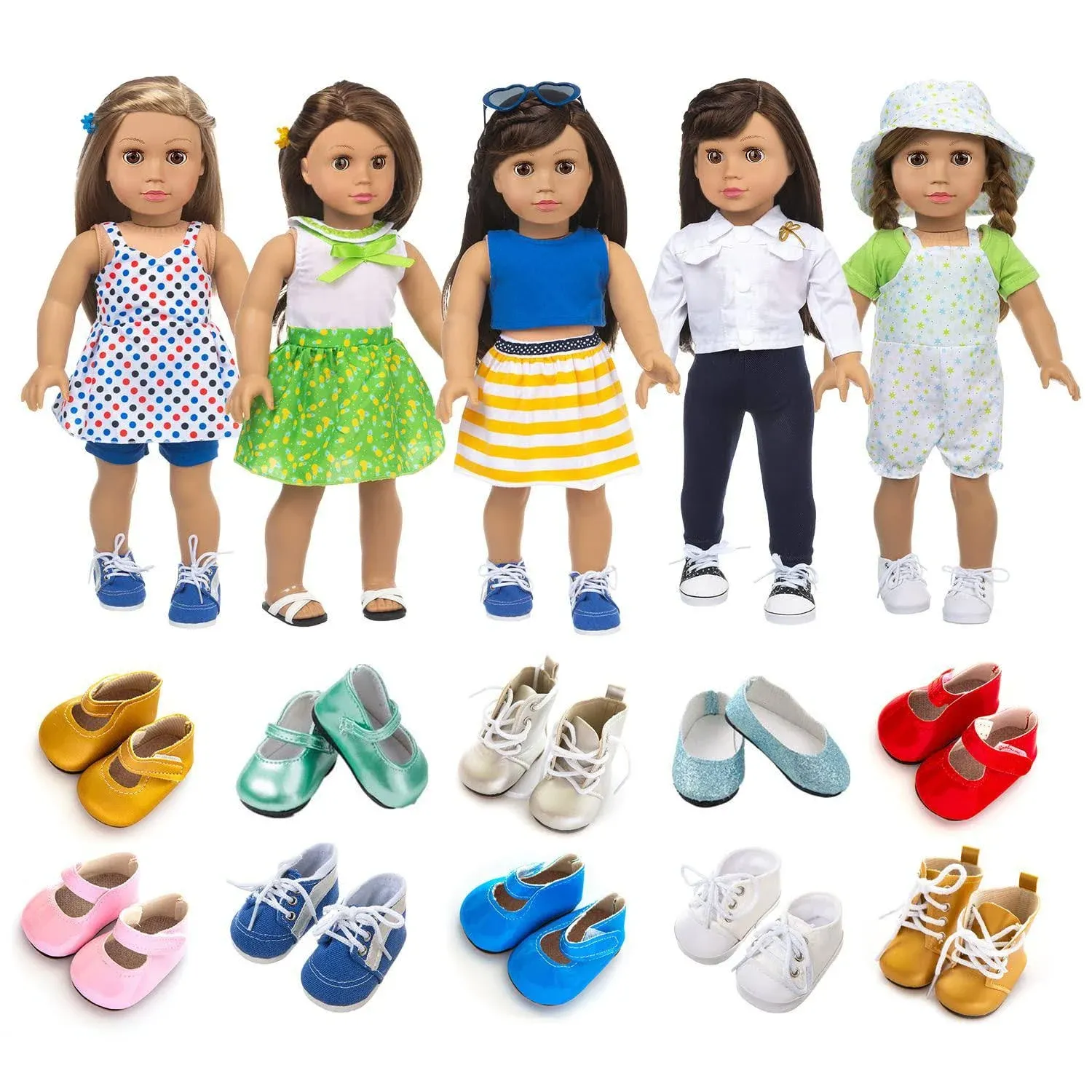 American 18 Inch Doll Clothes and Accessories 5 Sets Doll Clothes Dress Outfits + 2 Random Style Shoes for 18 Inch Doll Clothes