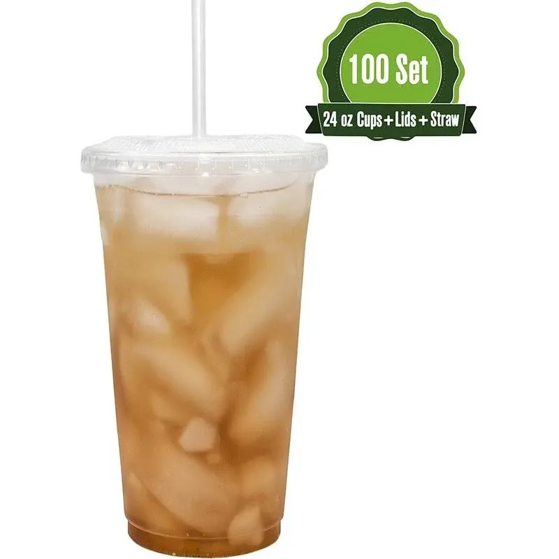 SafeWare Clear Disposable Plastic Cups 24oz with Flat Lids and Straws, Togo Disposable Iced Coffee Cups - Ideal for Party, Outdoor Picnic, BBQ, House Party, Restaurant Quality - 100 Sets