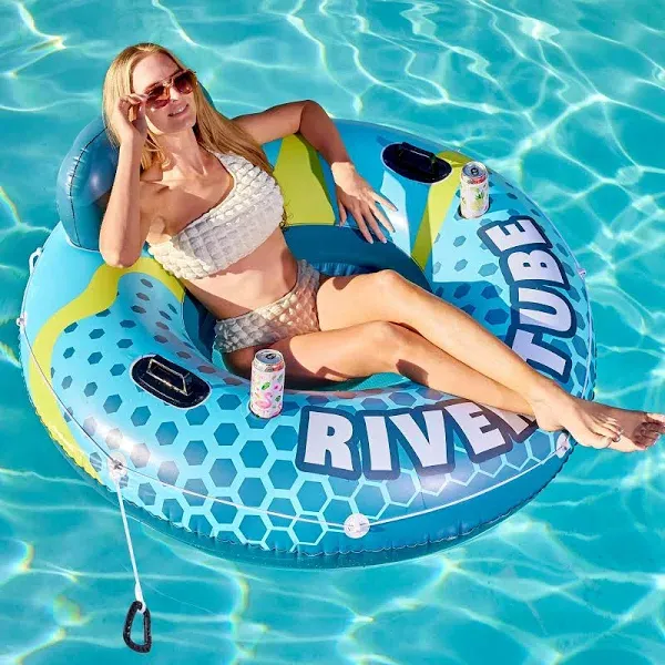 Sloosh Inflatable River Tube Float - Heavy Duty River Run Lake Floating Chair Floaties Adults Sports Fun, Large Pool Floats Raft Water Tubes Lounger with Cup Holders Mesh Bottom (53 inches)